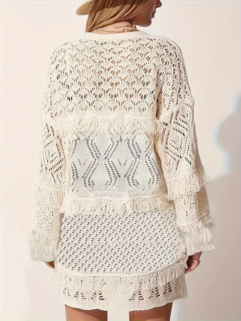 French Vintage Crochet Lace Tassel Cardigan - Loose, Drop Shoulder, Long Sleeve Mid-Length Knitwear