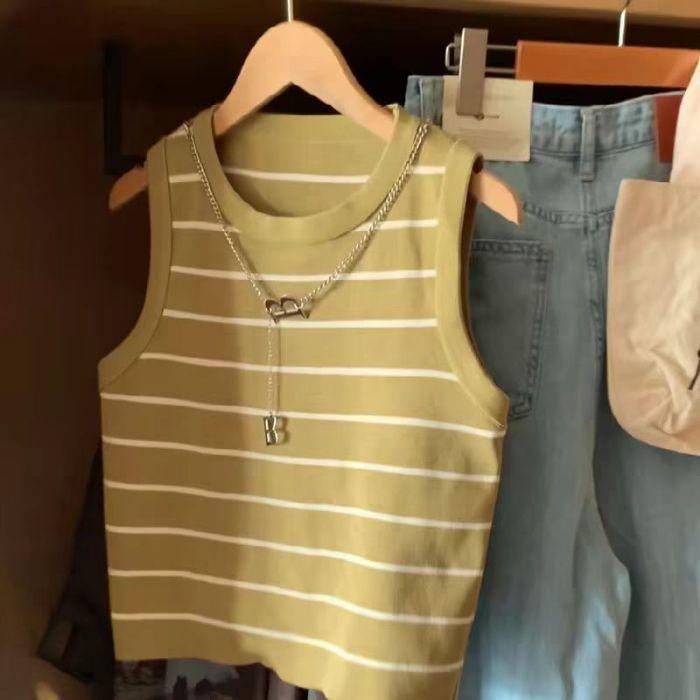 

Women s Summer Striped Camisole: Basic, Versatile, Beautiful Back, Short Sleeve Knitted Top One size