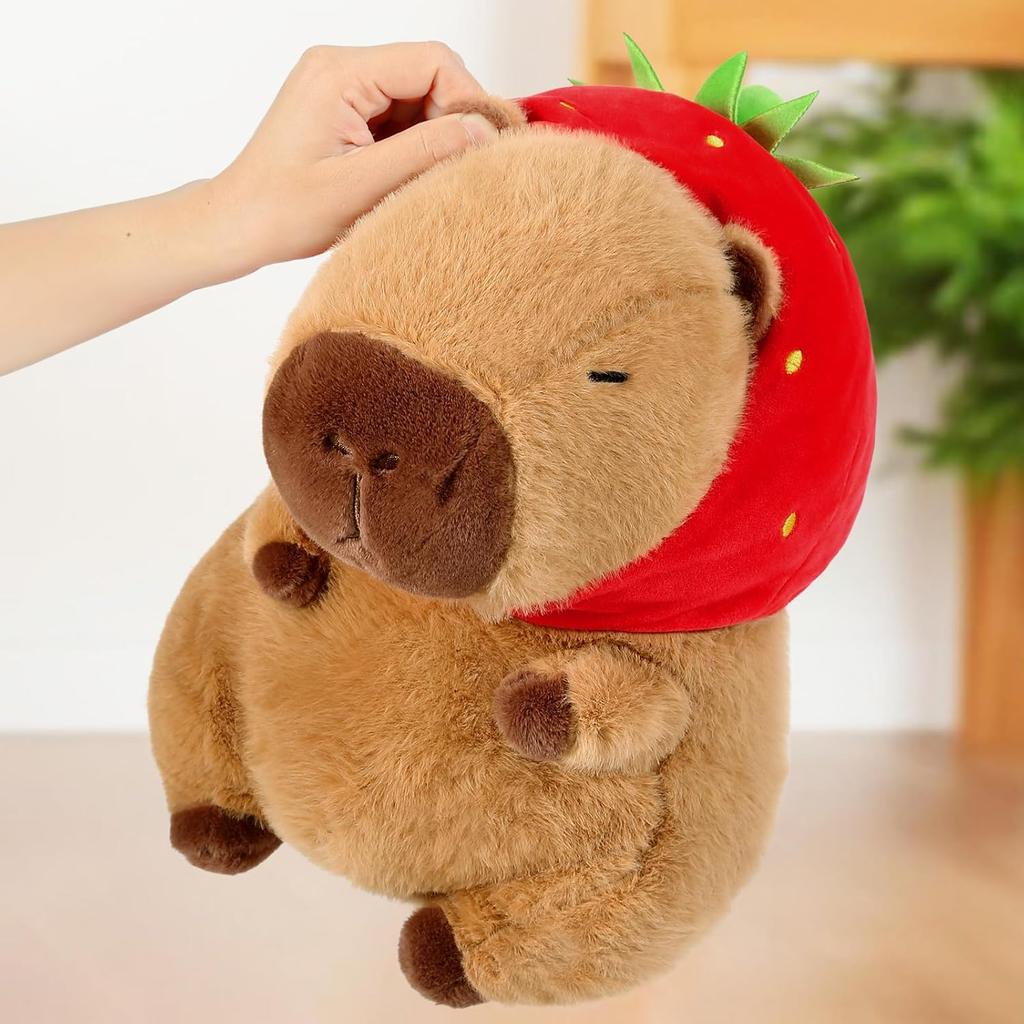 Capybara Plush Toy, Strawberry Hat Capybara Stuffed Animal, Soft Cuddly Plushie, 25 cm Decorative Pillow, Gift for Girls Kids 3+ Years