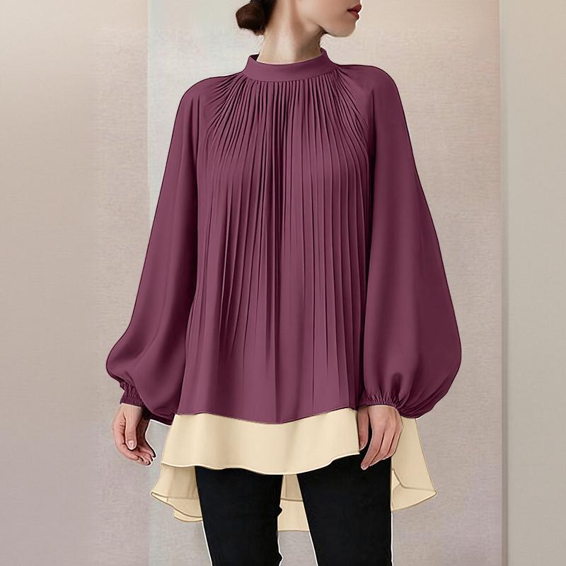 

ZANZEA Женская блузка с воротником-стойкой, длинным рукавом, свободного кроя, повседневная, комбинированная 5XL кларет