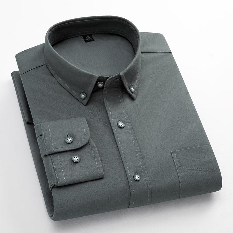 Men's Long-Sleeve Oxford Cotton Shirt - Breathable, Solid Color for Casual or Daily Wear