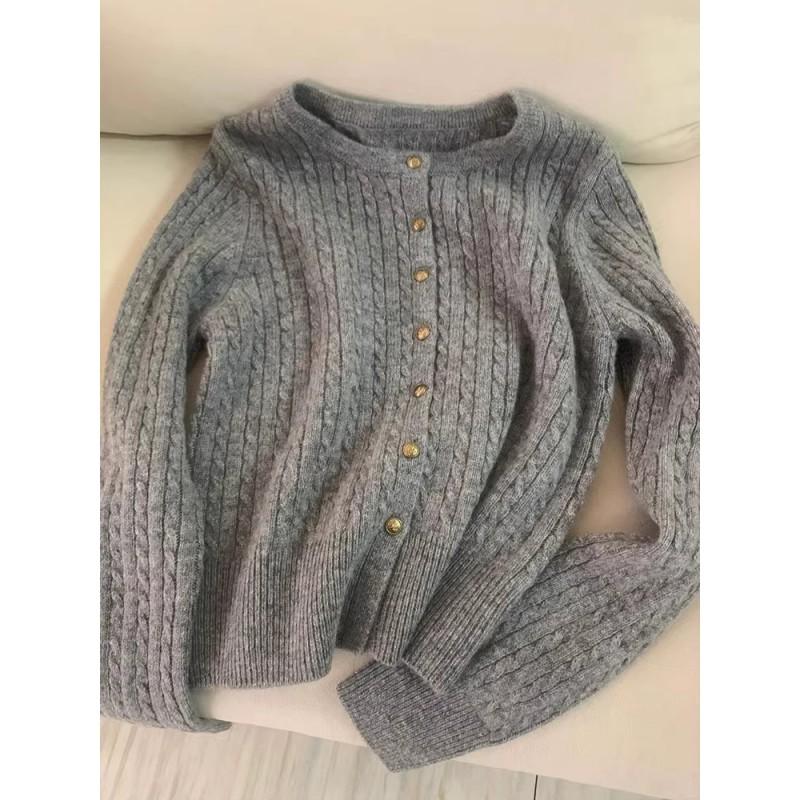 100% Wool Cable Knit Round Neck Cardigan Women Loose Fit Casual Elegant Winter Outerwear