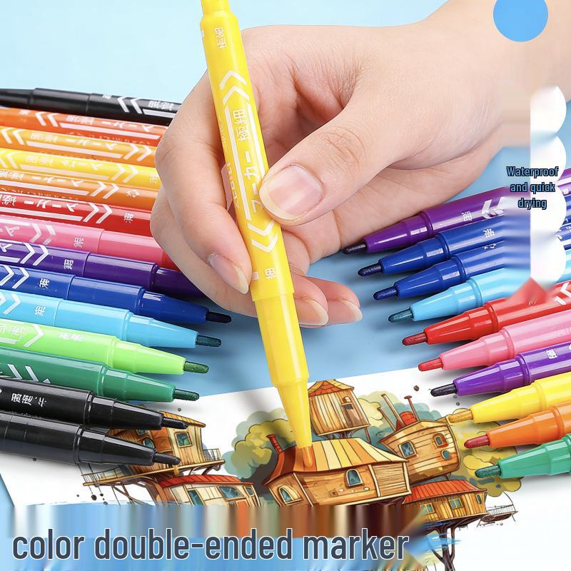 12-Color Double-Ended Oil-Based Markers for Children's Art and CD Outlining
