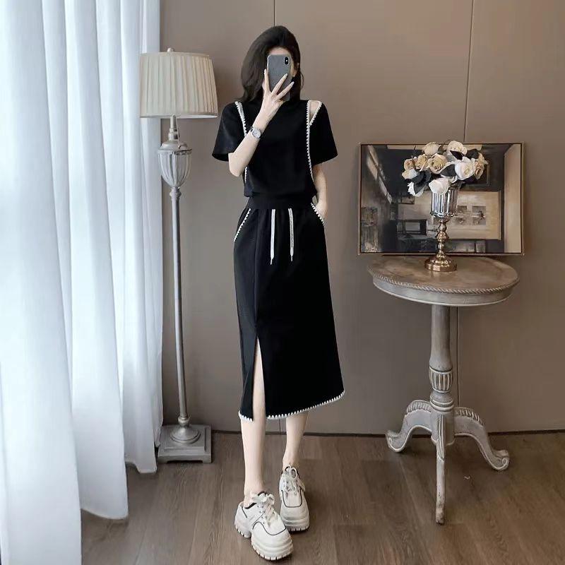 Set Chic European de Vară cu Umeri Goali și Două Piese: Fustă midi casual pentru femei, cu efect de întinerire, cu mâneci scurte