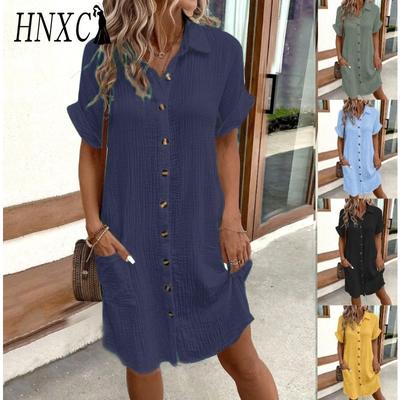 HNXC Rochii Casual de Vară Primăvară pentru Femei, Mânecă Scurtă, Guler POLO, Imprimeu Culoare Solidă