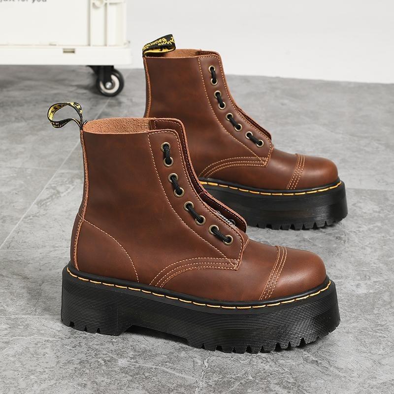 Men's Boots Women's British Boots, Thick Bottom Hole Locomotive Boots Front Zipper Crazy Horse Brown Couple Short Boots Muffin
