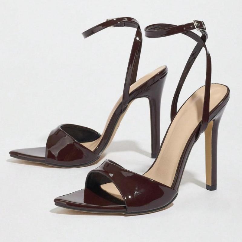 

Fashion Coffee Patent Leather Heeled Sandals Women Fashion Pointed Toe Ankle Buckle Brand Designer Shoes Sexy Open Toe Zapatos De Mujer 42 коричневый