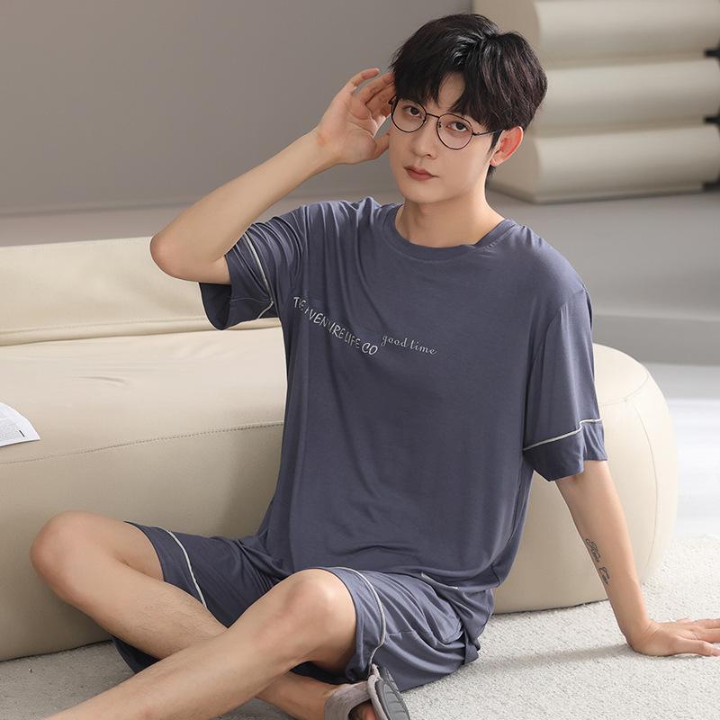 Men's Summer Ice-Fabric Pajama Set: Short Sleeve, Round Neck, Plus Size
