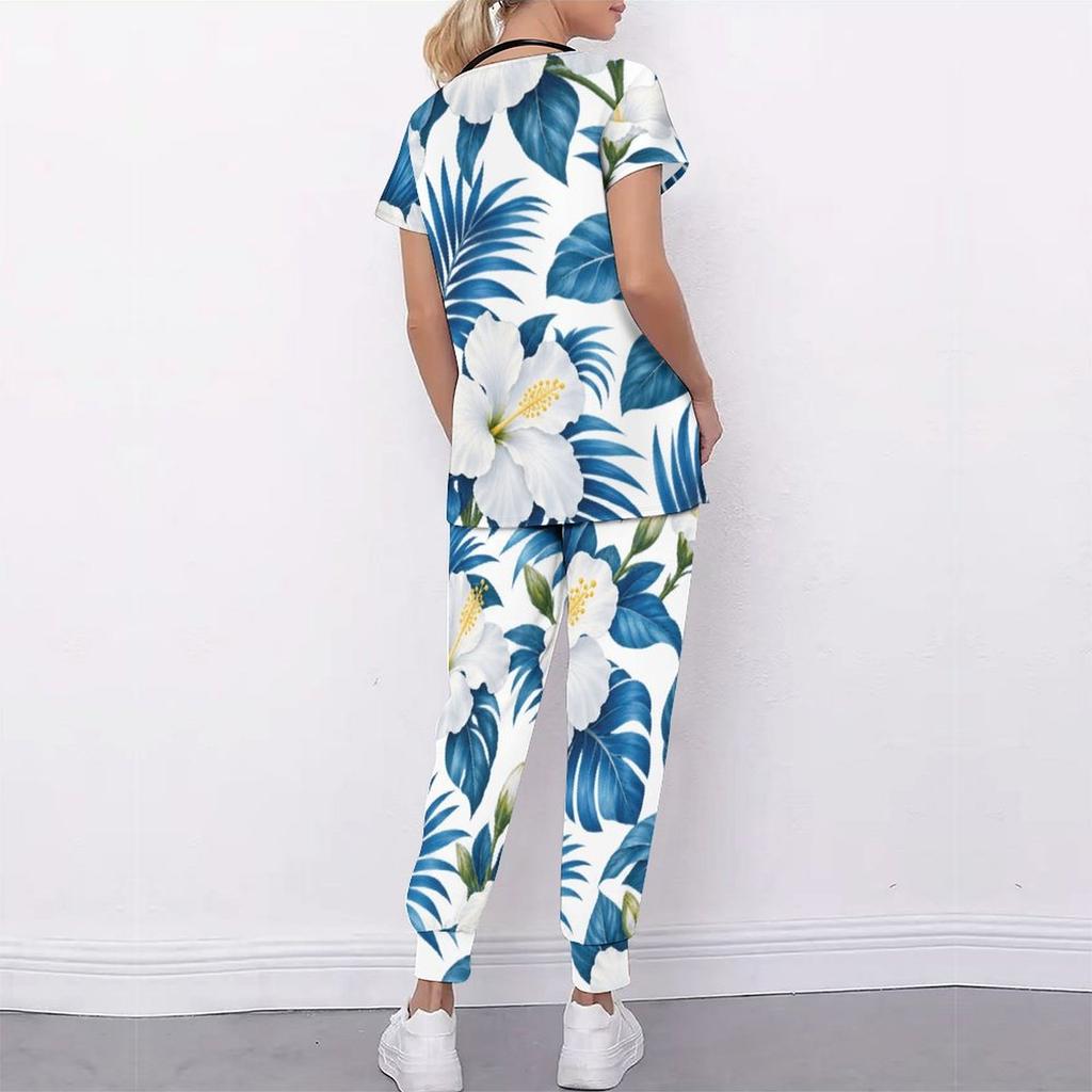 Women Plus Size Floral Printed Nurse Scrub Set V Neck Short Sleeve Pocket Top Long Pants