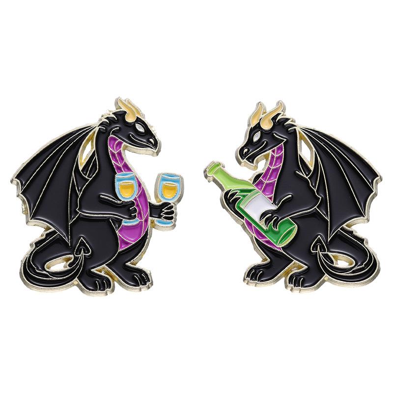 Playful Dinosaur Black Drink Cup Metal Brooch Creative Animal Badge Accessory For Fashion Enthusiasts