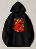 Black Pullover Hoodie Featuring Vibrant Strawberry Number 6 Graphic with Hearts And Leaves Casual Sweet Fruit Themed Sweatshirt Fo