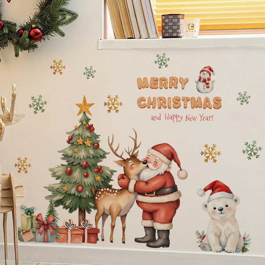 Adorable Santa & Reindeer Christmas Wall Sticker for Bedroom Living Room Entrance Hall Home Decoration Wall Decal