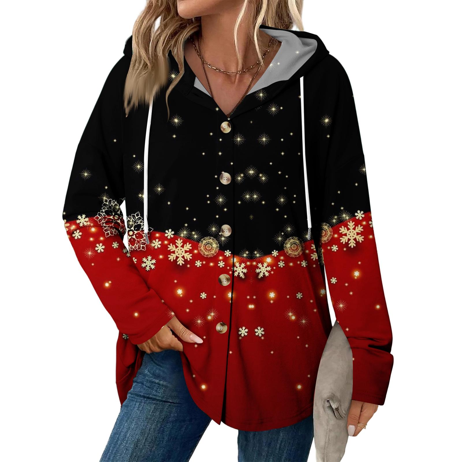 

Рождественская женская мода Повседневная куртка с длинным рукавом реглан на кулиске Винтажная куртка на пуговицах с капюшоном XXL киноварь