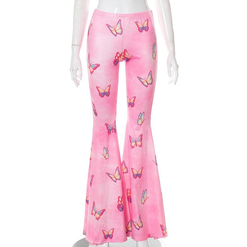 

Y2K повседневные модные брюки-клеш с низкой талией, уличная одежда, лето 2022, брюки с принтом бабочки, розовые сексуальные женские брюки, брюки 22635 S розовый