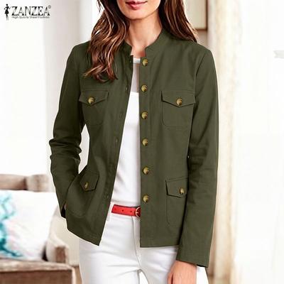 Dames Casual Dunne Jas Tops Opstaande Kraag Knopen Slimme Taille met Zakken Overhemden