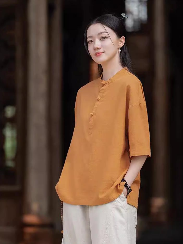 Women's Short-Sleeve Retro Frog Button Linen-Cotton Zen Top