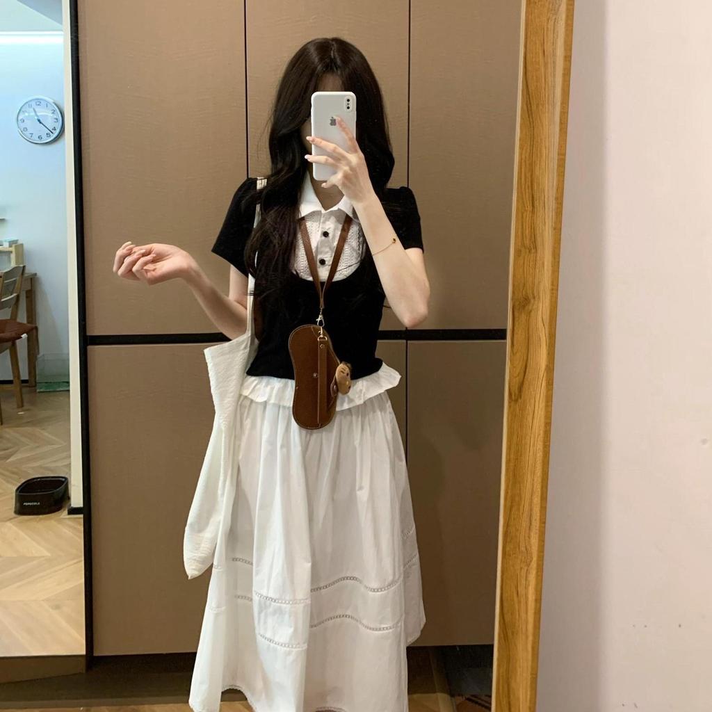 College style suit women's summer 2026 new fake two-piece T-shirt skirt small summer ootd wear a complete set