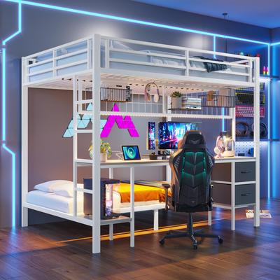 Bunk Bed 90x200 & 140x200 Cm LED Lighting USB Ports Drawers Shelves Hanging Shelves Metal Frame White (without Mattress)