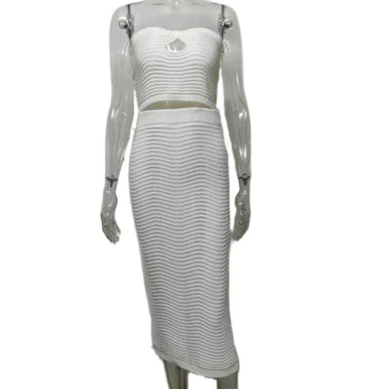 

Fashion Style Knitting Chest-Wrapped Vest Skirt Suit Knitted Tank Top Half Skirt Set White L
