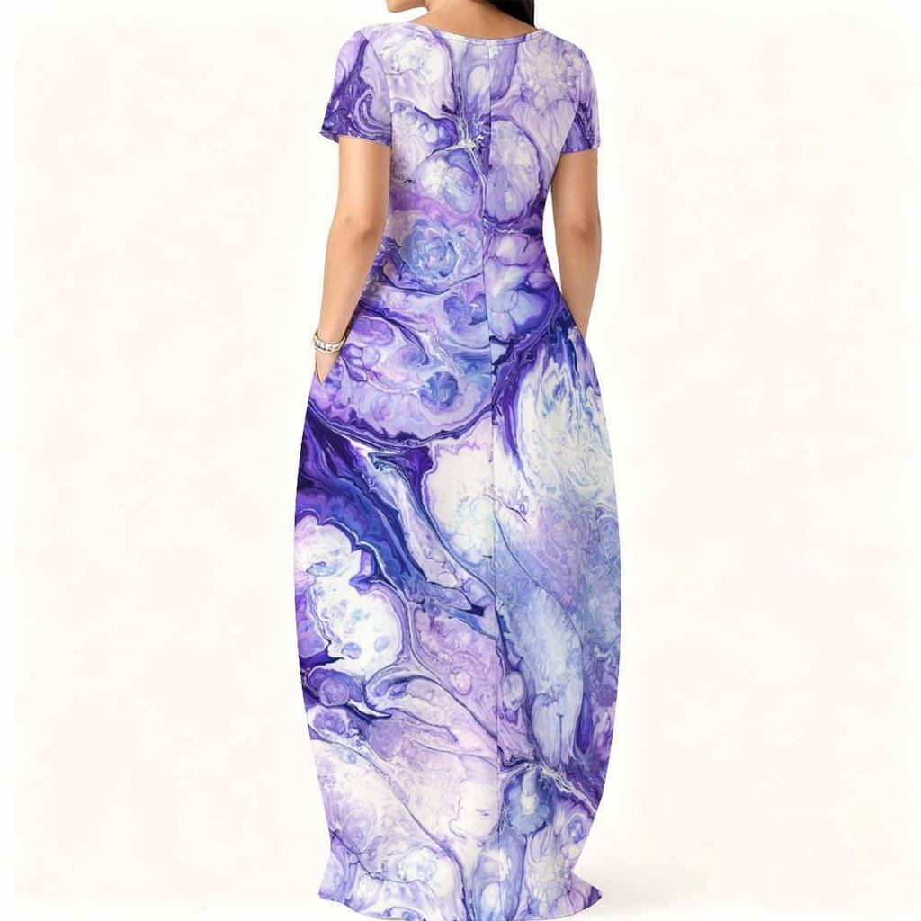 Plus Size Ladies Short Sleeve Crew Neck Dress Flowy Loose Outfit For Summer Family Gathering Wear