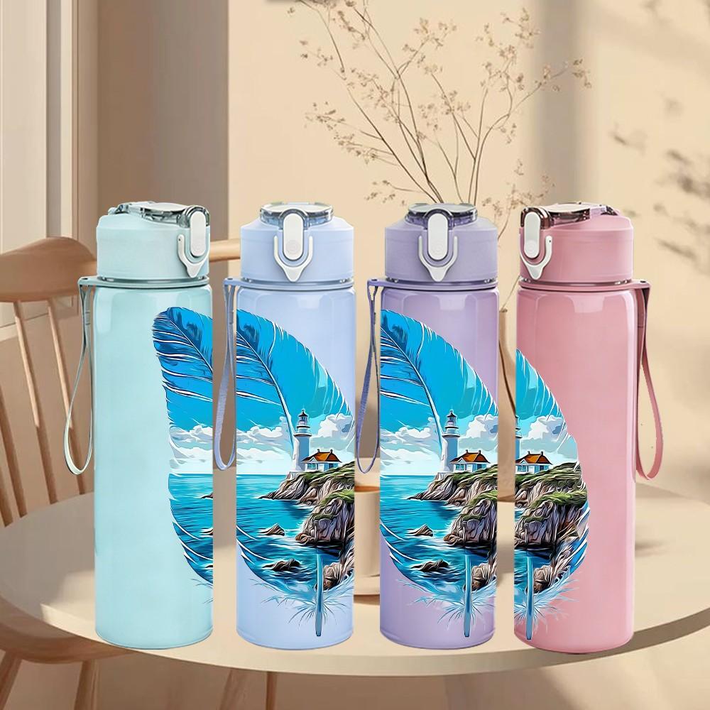 1PC Feather Scenery Painting 750ml Color Plastic Sports Water Bottle Leakproof Flip Straw Lid Suitable for Sports Office Home Use