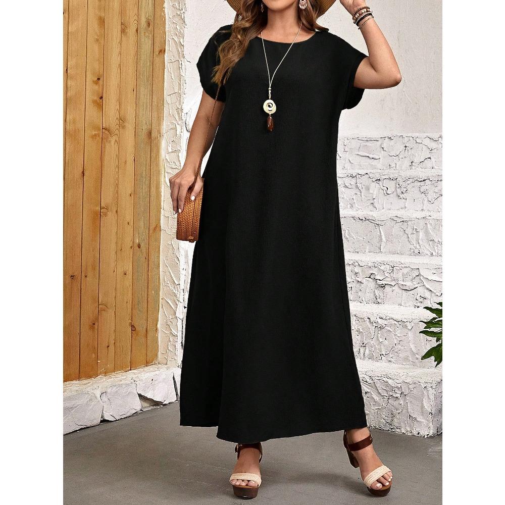Plus Size Women Summer Casual Floral Print Round Neck Short Sleeve Loose Fit Long Dress