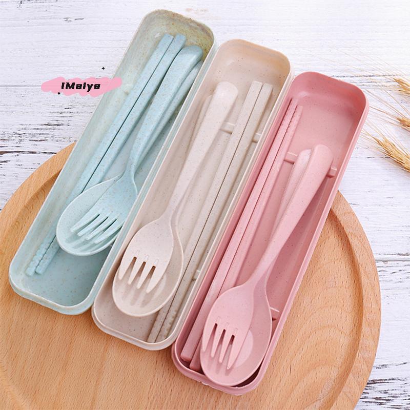 Portable Wheat Straw Tableware Set - Fork Spoons Chopsticks Plastic Eco-Friendly Disposable Dinnerware for Picnics Outdoor Use