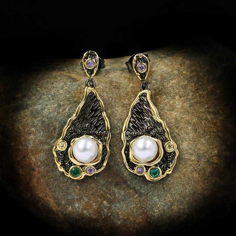 Natural Gemstone Inlaid Pearl Earrings and Earrings for Women  European and American Fashion Crystal Earrings