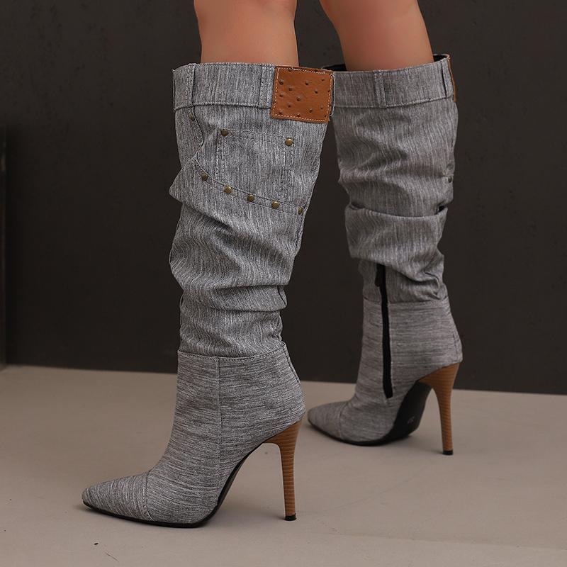Women's High-heeled Boots Sexy European and American Style Pointed-toed Thin-heeled Large-size Cowboy Mid-boots