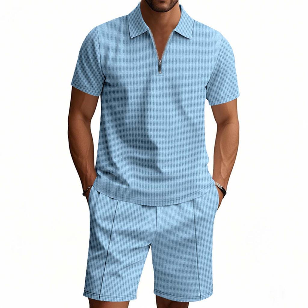 Men'S Solid Color Casual Collar Short Sleeved Shorts Two-Piece Set