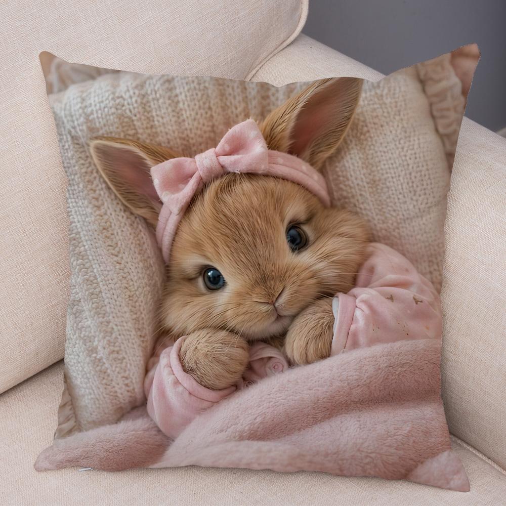 Realistic Cute Fluffy Bunny Print Throw Pillow Cover Soft Gentle Skin Touch Warm Tone Sofa Bedroom Home Decor Present