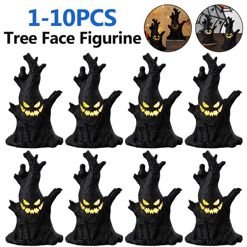 1-10PCS Halloween LED Ghost Face Tree Statue with BatterySpooky Tree Demon Statue Tabletop Bark Face Figurine for Indoor Outdoor
