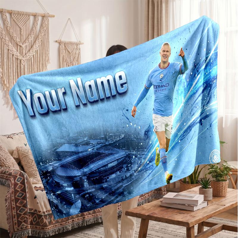 Erling Haaland Personalized Fleece Blanket With Football Logo, Custom Name Text Soft Warm Home Throw Blanket