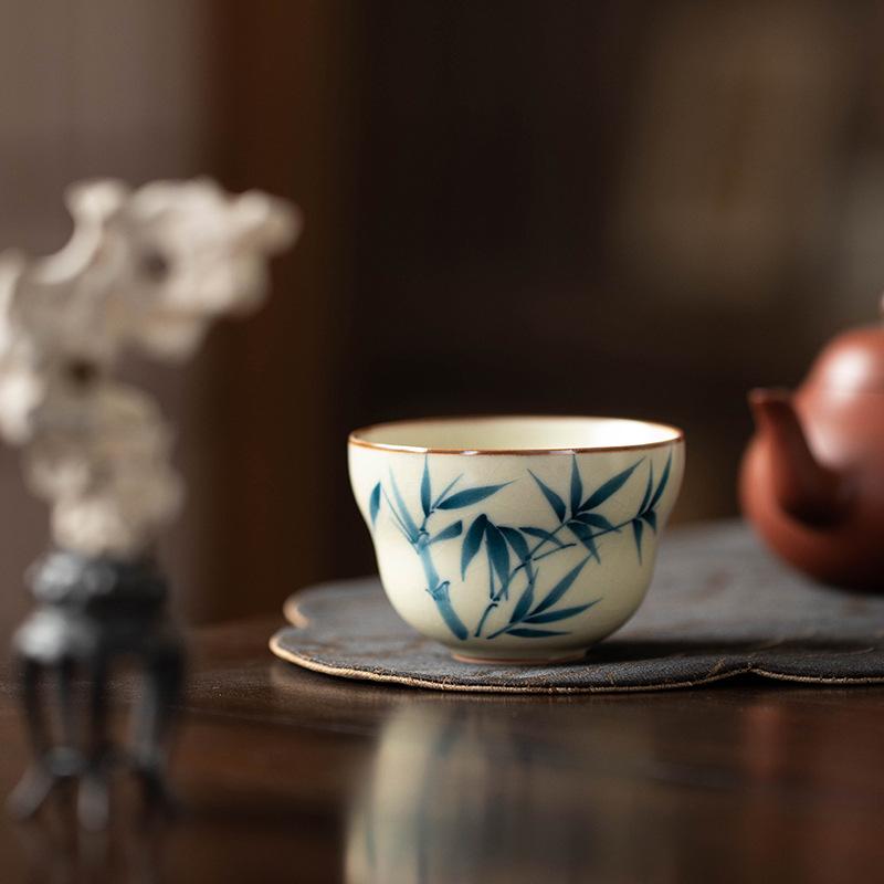 Huang Ru Kiln pure hand-painted bamboo teacup master cup ceramic high-end tea teapot cover bowl tea cup kung fu tea set