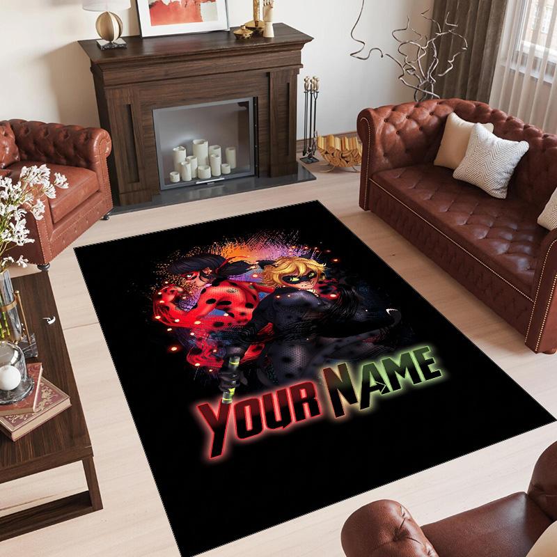 Alfombra de Terciopelo de Cristal Personalizada con Nombre y Texto, Alfombra de Área Antideslizante Miraculous Ladybug Para Decoración del Hogar