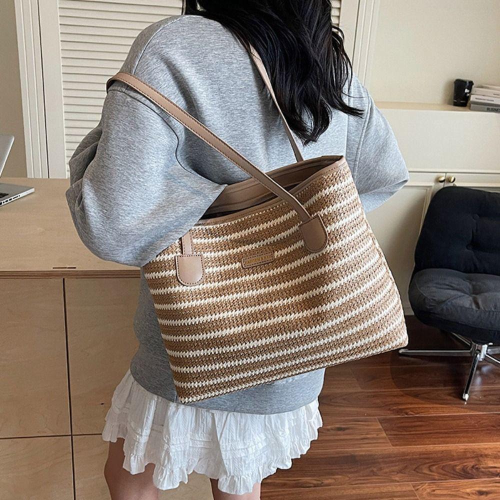 Beach Handbag Straw Woven Bag Parent Shoulder Bag Strip Shoulder Bag Bohemian Beach Bag  Streetwear