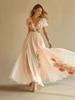 Women's V-Neck Short Sleeve Digital Print Dress Long Gown