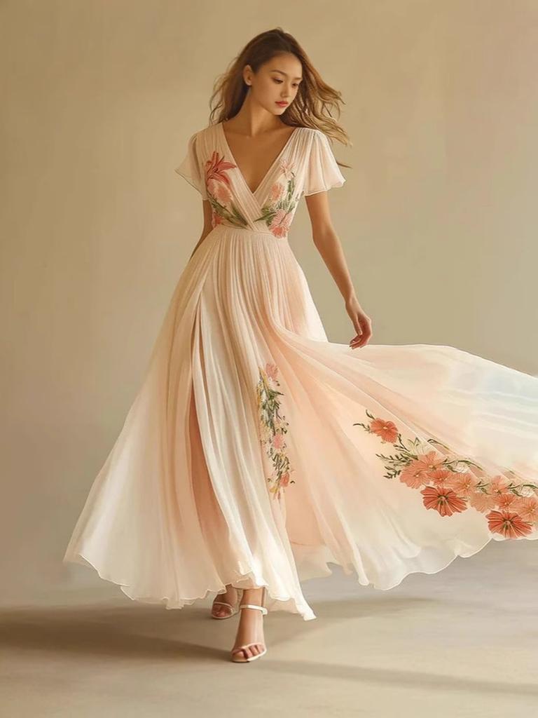 Women's V-Neck Short Sleeve Digital Print Dress Long Gown