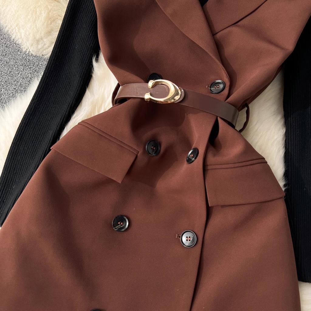 New 2024 Autumn Winter Black Knitted Sweater Tops Suits For Women Notched Collar Sleeveless Tank Double-Breasted Belt Dress Sets
