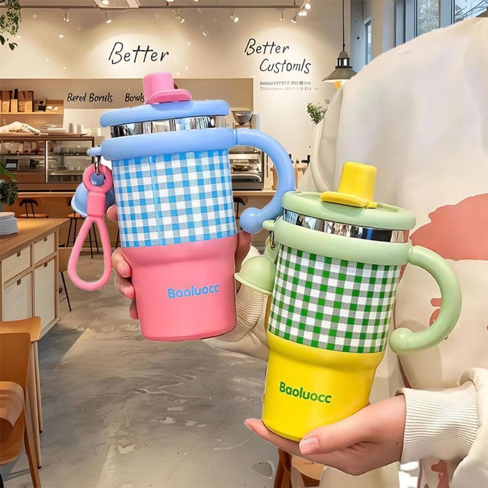 Cute Thermal Water Bottle 600ml Drinking Straw Cup Coffee Tumbler with Handle Kitchen Supplies