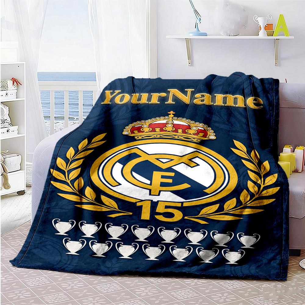 Real Madrid Personalized Text Blanket Throw Customizable Blanket Soft & Cozy Throw For Bedding Office Chair Office Bed Four Seasons Multipurpose