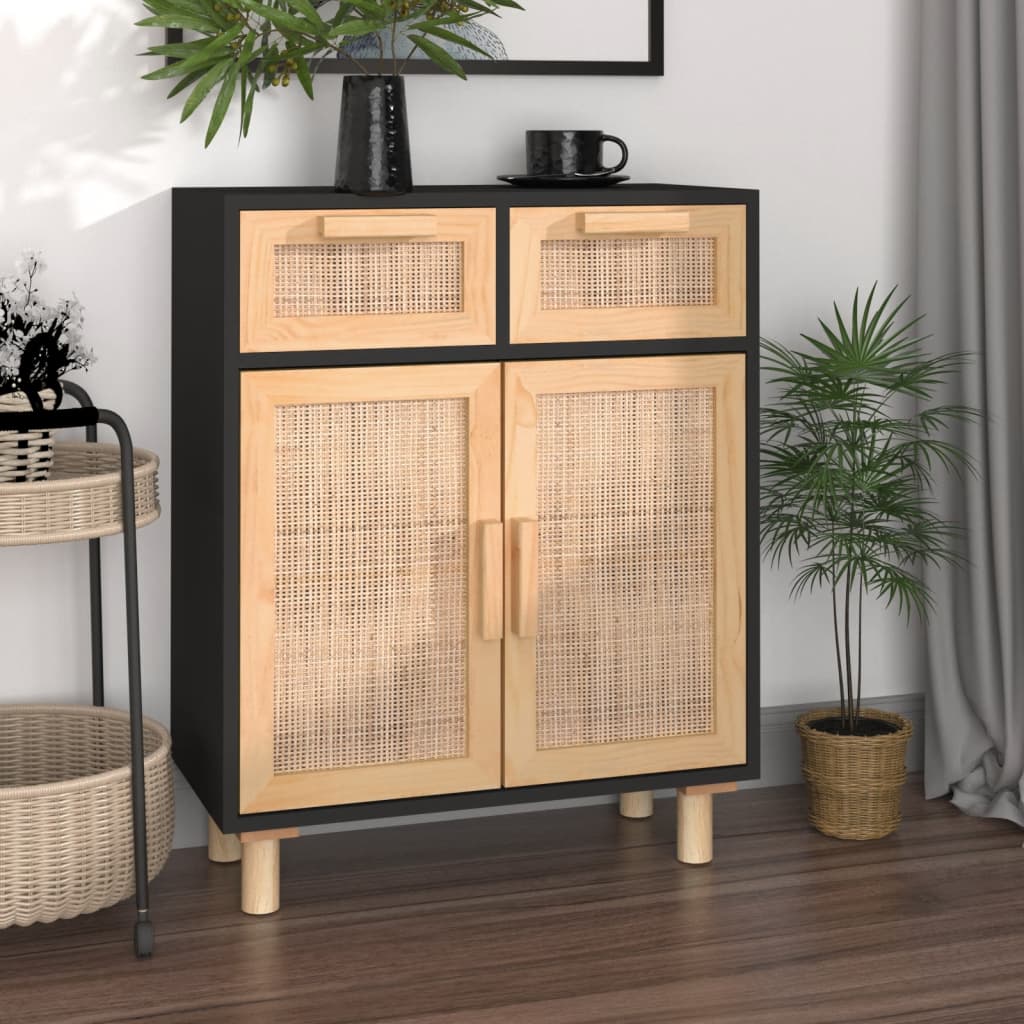 vidaXL Sideboard Schwarz 60x30x75cm Massivholz Kiefer und Natur-Rattan schwarz