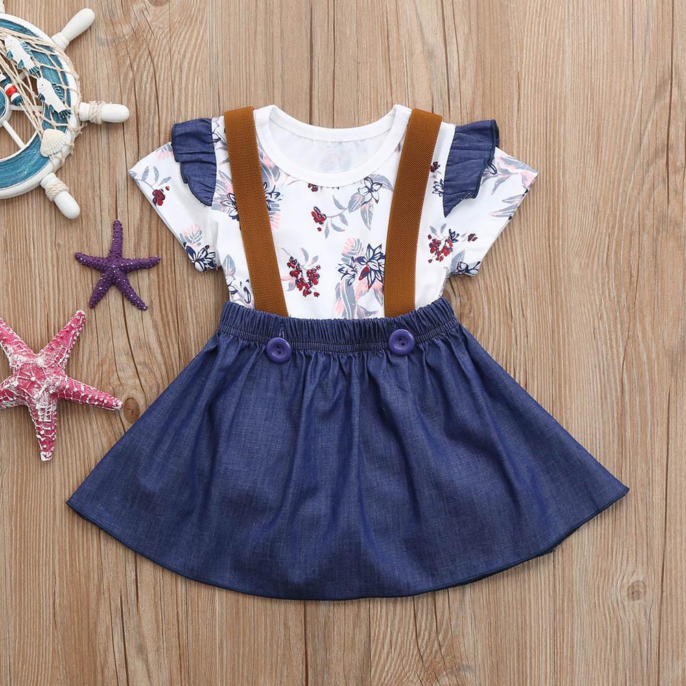Denim Skirt Outfits Set 2pcs Cute Toddler Baby Girls Princess Floral Print Suspenders Ruffled Romper Tops