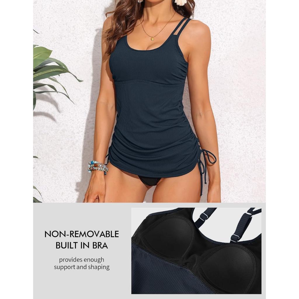 CHARMLEAKS Women's Tankini Top Tie-Side Drawstrings Bathing Suit Top Ribbed Fabric Tummy Control Sporty Swimsuit Top
