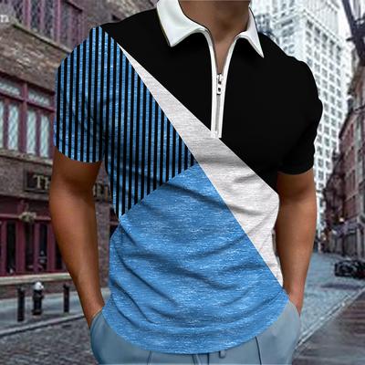 Casual Lapel T-shirt Young Men's Fashion Zipper T-shirt Short Sleeve T-shirt Men's 3D Irregular Shapes Print T Shirt