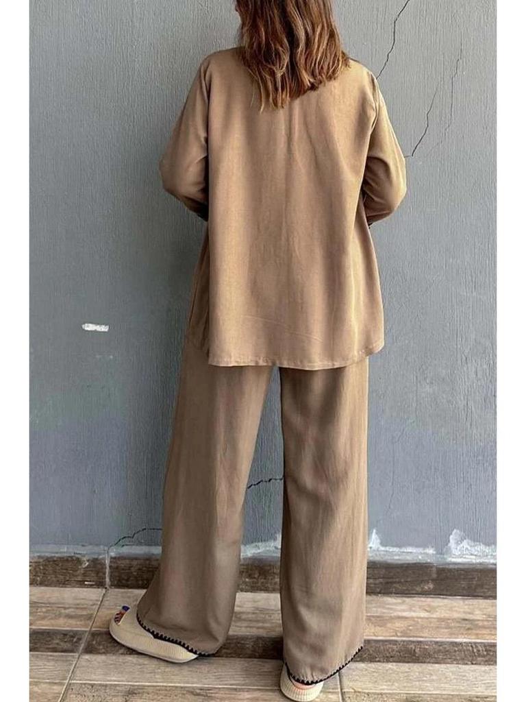 2024 Women's European & American Stylish Two-Piece Set: Loose Cardigan with Trimmed Nine-Sleeves and Wide-Leg Long Pants.