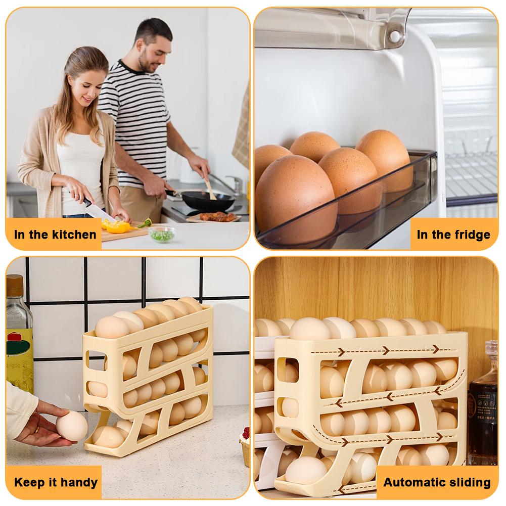 4 Tiers Stackable Egg Organizer Large Capacity Refrigerator Egg Storage Box Space-Saving Eggs Rolling Rack for Fridge Countertop