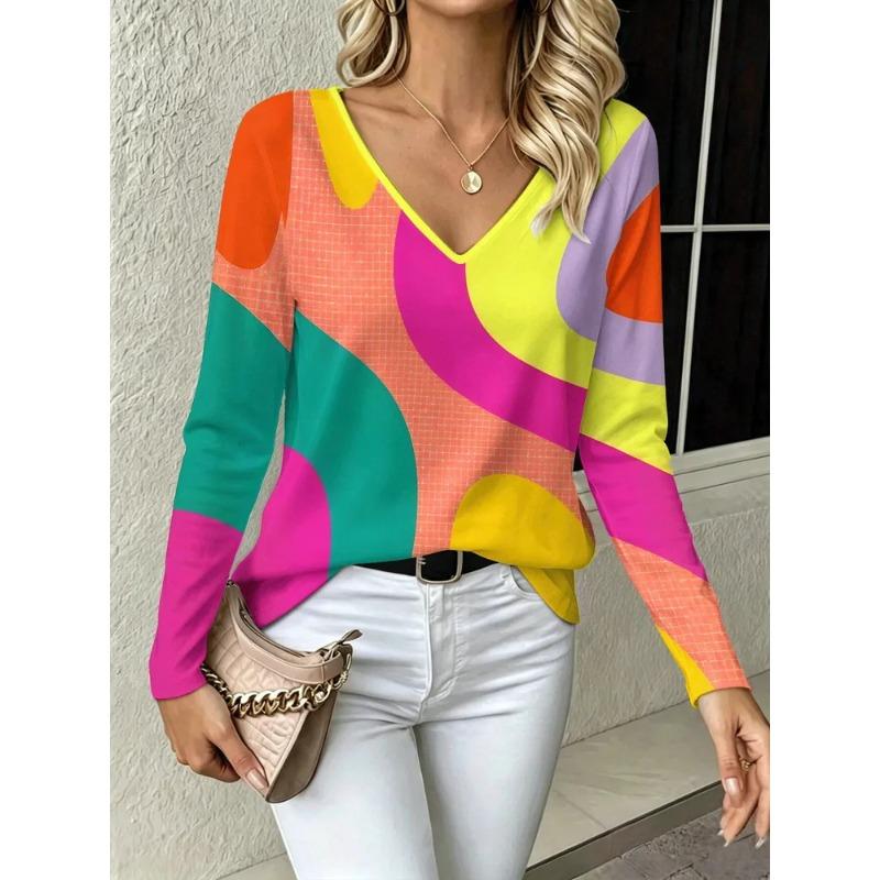 Women's Autumn 3D Printed V-Neck Long Sleeve T-Shirt