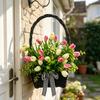 Spring Summer Tulip Basket Wreath for Front Door Artificial Floral Door Hanging Wreath with Woven Basket for Farmhouse Home Wall Door