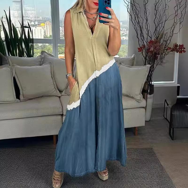 YYFS Women's Fashion Summer Spring Colour Block Print Sleevelesse V-Neck Loose Waistline Casual Dresses